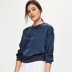MISSGUIDED Navy Satin Long Sleeve Crop Top - Size 4